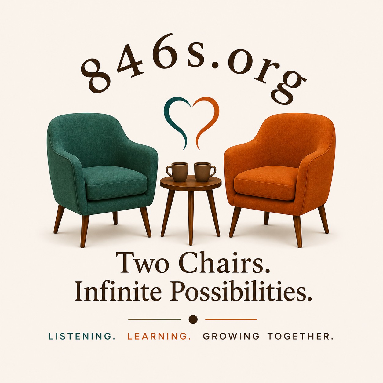 846s.org logo: a green chair and a clay colored chair facing a small table, with the words Two Chairs, Infinite Possibilities